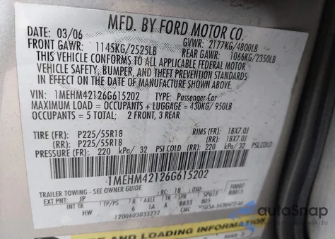 2006 Mercury Montego Premier из США, поврежденный, VIN 1MEHM42126G615202